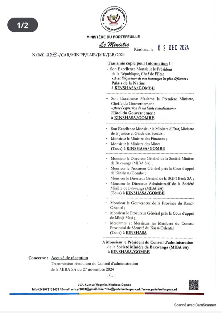 IMG-20241204-WA0050-1 Suspendu par le Conseil d'Administration, le Directeur Général de la MIBA, Andre Kabanda Kana appelé à présenter les explications au ministre du portefeuille.